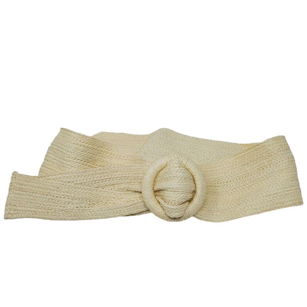 Vintage 80s Charles Garre Women Beige Belt  Wide Woven Straw with Oval Buckle